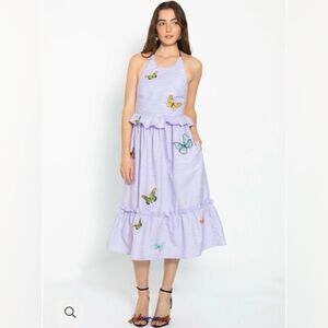 Fanm Mon Lavender Butterfly Didem Midi Ruffle Halter Dress - Medium
